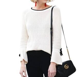 Loft women Tipped  Pullover Fit and Flare Knit Sweater With Bow Cuff Detail sz S